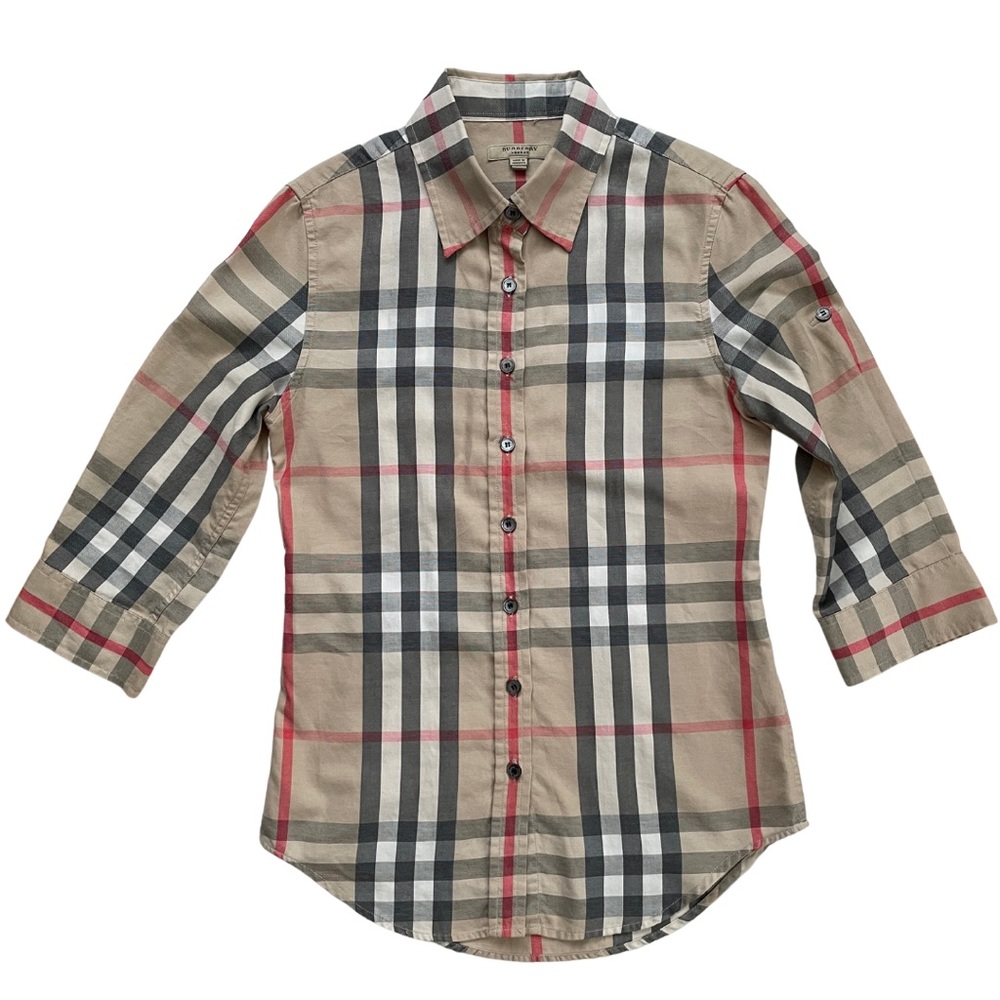 BURBERRY LONDON Plaid Print 3/4 Sleeve Button-Up